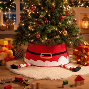 Collapsible Santa Christmas Tree Skirt Red Plush Base Cover Artificial Trees American Style Stand Funny Holiday Home Decoration