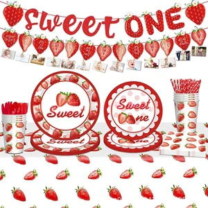 Modern One-Year-Old Strawberry-Themed Birthday Party Decorations Paper Towels Tablecloths Tableware Set Fruit Banner for Baby's