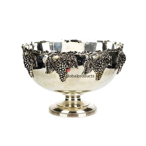 Royal Designer Metal Punch Bowl Silver Plated Embossed Border Designer Fruit Snacks Serving Bowl and Wine Cooler Bowl
