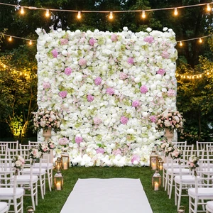 3D Artificial Flower Wall Backdrop with Silk Rose Hydrangea Panels, Realistic Wedding Floral Background for Party Decor