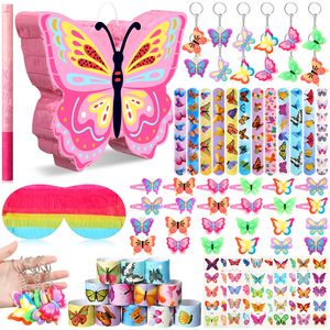 51 Pcs Pinata with Blindfold Stickers Hairpin Ring Slap Bracelet Keychain Butterfly Party Pinata Set for Kid Game Decor Supplies
