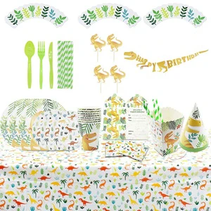 HAWIN Dinosaur Theme Tableware Set 16 Kids Birthday Party Table Decorations Supplies