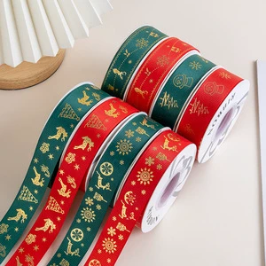 2.5cm China Polyester Ribbon Gold Foil Christmas Tree Design Gift Box Wrapping Ribbon Christmas Holiday Decorative Ribbon DIY