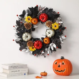 New Halloween Pumpkin Wreath Decorative Door Curtain Autumn Harvest Sunflower Maple Leaf Home Decoration