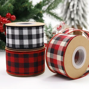 Wired Edge Plaid Ribbon For Christmas Decoration, Red And Black Checkered Gingham Ribbon For Gift Wrapping DIY Crafts Wreath Bow