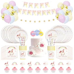 Nicro Hot Sale Unicorn Theme Party Supplies Unicorn Balloon Banner Cake Topper Tableware With Girl Birthday Party Decoration Set