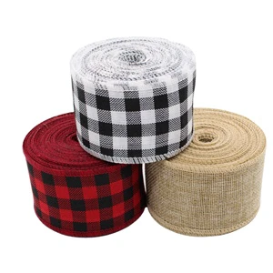 Custom Christmas Buffalo Plaid Check Burlap Jute Ribbon 2.5 Inch Black Red Linen Tartan Wrapping Wired Ribbon Roll for Crafts