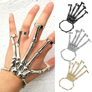 Gothic Skeleton Hand Bracelet with Ring Punk Style Adjustable Finger Bangle Alloy Unisex Jewelry for Party Occasions