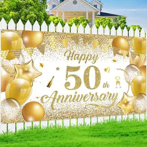 White Gold 50th Anniversary Banner Golden Happy 50th Anniversary Backdrop 50th Wedding Photography Background Banner