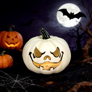 Traditional White Jack-o'-Lantern with Spooky Face, Halloween Decorative Pumpkin Light for Home Party