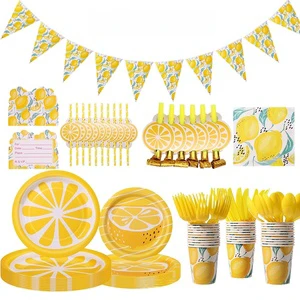Modern Lemon Yellow Fruit Theme Disposable Tableware Set Hot Selling Birthday Party Decoration Including Plate Tablecloth Tissue
