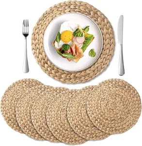 No Slip Heat Resistant Mat Natural Round Braided Water Hyacinth Weave Rattan Tablemats Placemats For Dining Table