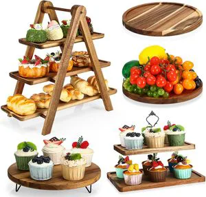 Luxury Wooden Tray-round Cupcake Tower & Multi-layer Cake Stand Mobile Wedding Picnic Dessert Table with Chopping Board