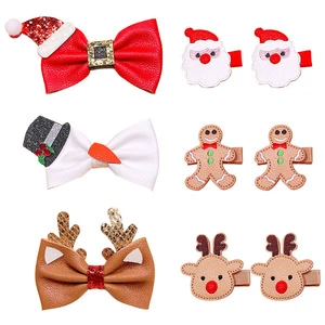European And American Children's Hair Clips Christmas Hairpins Headdress Snowman Santa Claus Elk Design Leather Hair Bow Clips