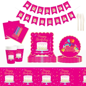 DAMAI Hot Pink Happy Birthday Party Theme Table Decorations Kit Disposable Paper Plates Banner Napkin Party Tableware Set