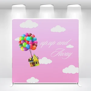 Custom Adventure up up and Away Balloon Pink Sky White Cloud Tension Straight Fabric Birthday Party Decor Backdrop Cover