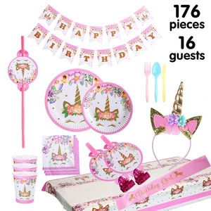 Nicro Unicorn Theme Baby Girl Birthday Dinnerware Table Party Decorations Supplies for Girls With Disposable Tableware Cutlery