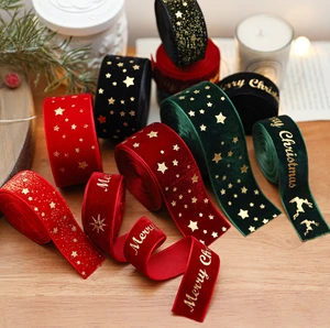 Christmas Velvet Ribbon Gold Foil Star & Merry Christmas Elk Printed Fabric VelvetRibbon for Gift Wrapping Tree Decor Bow Making