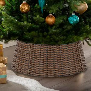 Handmade Brown Wicker Rattan Christmas Tree Stand with Collar Basket Base Cover and Holiday Accessories