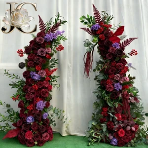 JC Factory Custom Vintage Wedding Decor Realistic Silk Artificial Wine Red Rose Flower Wall Backdrop 8ft X 8ft with Stands