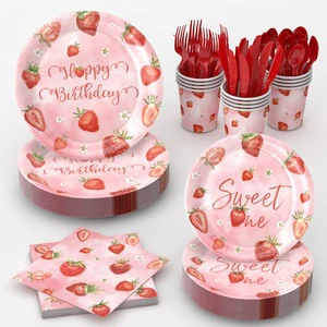 Cute Strawberry Birthday Party Supplies Pink Disposable Tableware Set Plates Cups Napkins for Kids Celebration