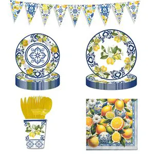Floral Lemon Disposable Party Supplies, Paper Plates Napkins Cutlery Set for Summer Party Table Decor