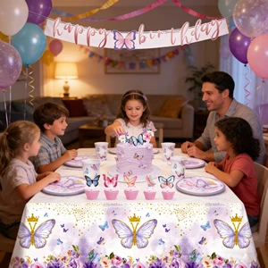 Purple Butterfly Themed Party Set Disposable Paper Tableware for Girls' Birthday Celebrations Butterfly Party Decor