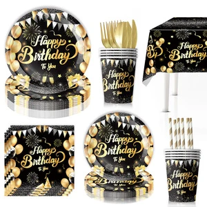 Modern Black Gold Diamond Disposable Birthday Party Tableware Set Includes Paper Tray Cups Tissues for Decorative Purpose
