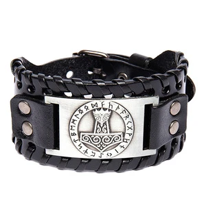 Wholesale Celtic Pagan Jewelry Talisman Nordic Genuine Leather Viking Thor Hammer Bracelet Rope