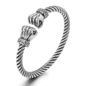 Men Retro Punk Hip Hop Cable Wire Bracelet Stainless Steel Boxing Fist Design Fashionable Cuff Bangle Jewelry