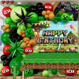 Pixel Game balloon Party Decorations for Birthday Balloon Garland Kit with Backdrop Tablecloth Foil Stars Fringe Curtain