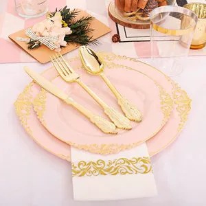 Wholesale Luxury Disposable Tableware Set 3D Dragon Embossed Edge Plates Gold Cup Fork Knife Spoon Airlaid Napkins Non-Toxic