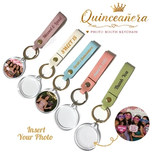 Custom Digital Photo Booth Keychain Acrylic Photo Frame Silk Screen Printed PU Leather Strap Quinceanera Party Favors For Guests