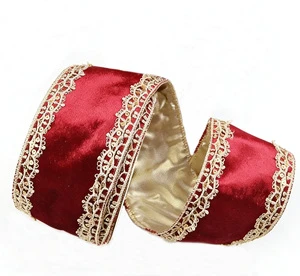 Customized Wired Christmas Velvet Ribbon With Exquisite Gold Edge Wholesale Metallic Velvet Ribbon for Decoration