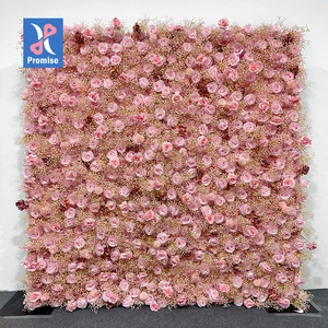 Promise Factory Wholesale Artificial Pink Baby Breath and Rose Flower Wall for Wedding Decoration