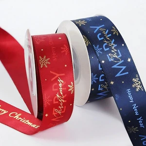 New Design 2025 Christmas Ribbon Happy New Year Ribbon 4cm Customized Pattern Design Gold Foil Printed Satin Ribbon 100Yards