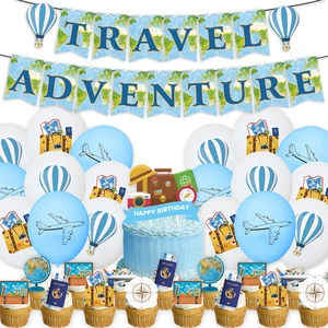 Travel Adventure Kids Birthday & Valentine's Day Party Decorations Banner Disposable Tableware Party Balloons Cake Insert Set