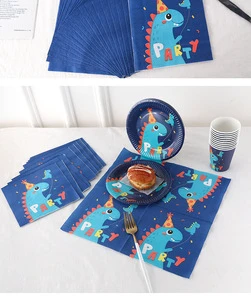 Dinosaur Disposable Party Tableware Set, Cartoon Paper Plates Cups and Napkins