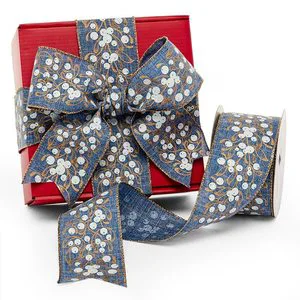 Solid Color Berries Blue Wire Ribbon Sparkling Floral Design for Christmas Birthday Halloween Wedding Decor Polyester Metallic