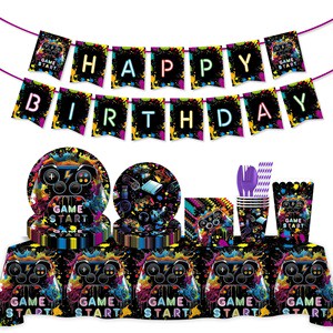 Colorful Game Theme Birthday Party Tableware Set Paper Plates Cups Napkins Banner Tablecloth for Birthday Party Supplies