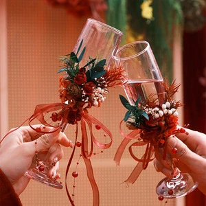 Wedding for Glass Decor Handmade Preserved Flower Wine Glass Ornament Burgundy Red Floral Picks Banquet Party Table