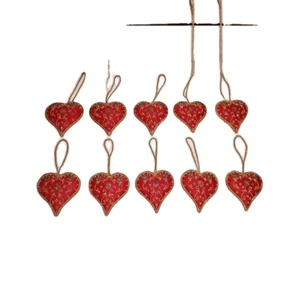 Wholesale Christmas Tree Stand Accessories Red Fabric Heart-Shaped Ornament Golden Zari Hand Embroidery Hanging Ornament