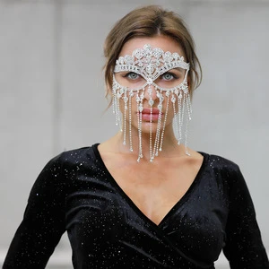Halloween Bling Veil Jewelry Party Rhinestone Long Tassel Full Face Cover Mask With Diamond Luxury Rhinestone Head Wear