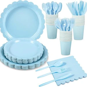 Light Blue Lace Decorative Disposable Paper Tableware Modern Summer Table Decorations for Parties Christmas Easter Supplies