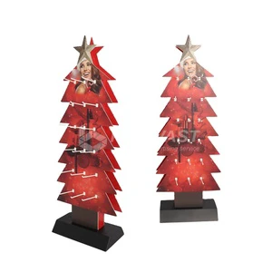 Supermarket Festival Promotion Red Christmas Tree Free Stand Cardboard Display With Plastic/Metal Hooks for Cosmetics Skin Care