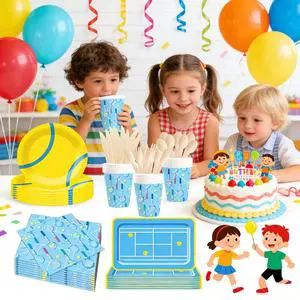 JIALIN Children's Birthday Party Supplies with Blue Sports Theme Disposable Party Tableware Table Decoration
