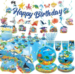 Under the Sea Birthday Party Tableware Set Plates Cups Napkins Table Cloth Straws Cake Toppers Flags Banner Foil Swirls Supplies