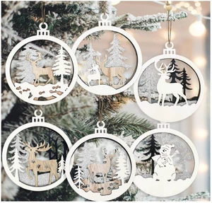 6pcs Christmas Farmhouse Rustic Ornaments Set 9cm Mix Color 3D Wooden Hanging Tree Decorations with Gift Tags