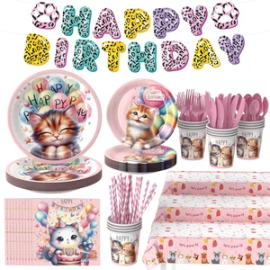 Cute Cat Party Cutlery Set for Girls/boys cat Birthday Disposable Paper Plates Cups and Napkins