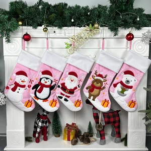 Red and White Embroidery 3D Plush Christmas Stockings Cute Design Polyester 18inch Hanging for Festival Decoration
